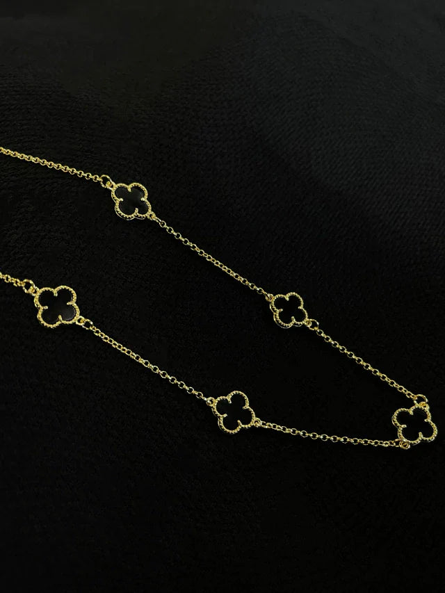 Kit Corrente + Pulseira Trevo Preto 2mm